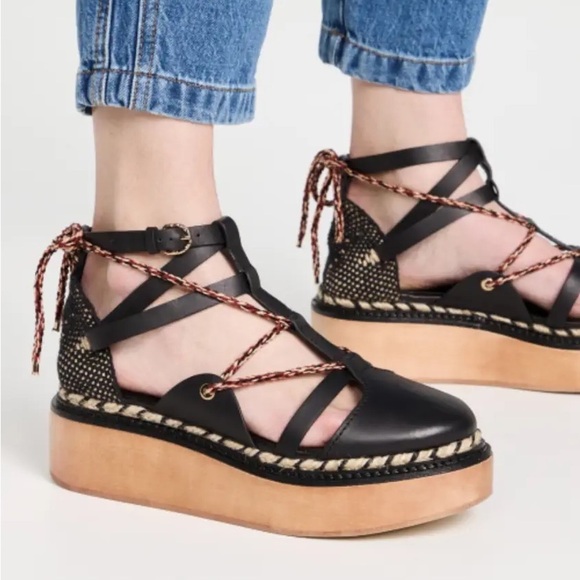 ULLA JOHNSON Salinas sandal black size 8 twisted rope leather platform lace up - Picture 3 of 16